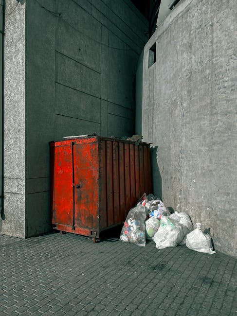 An overflowing collection of mixed waste and rubbish bags, including black, white, and transparent plastic bags, cardboard boxes, and discarded packaging, piled around and spilling out from a large grey recycling container on a paved urban sidewalk. The container, designated for mixed paper and cardboard recycling, is situated in front of a commercial building with a blue scaffolding structure and signage visible in the background. Nearby, a parked silver car is partially visible behind a metal barrier, with a tree trunk also in the foreground. The scene appears to be outdoors during daytime, with natural light illuminating the clutter and surrounding environment, which includes a row of shops or business premises with closed shutters. This scene exemplifies a typical private waste accumulation situation that could be addressed by independent rubbish removal services such as those offered by Rubbish Clearance Brompton, providing an alternative to council-led waste disposal methods.