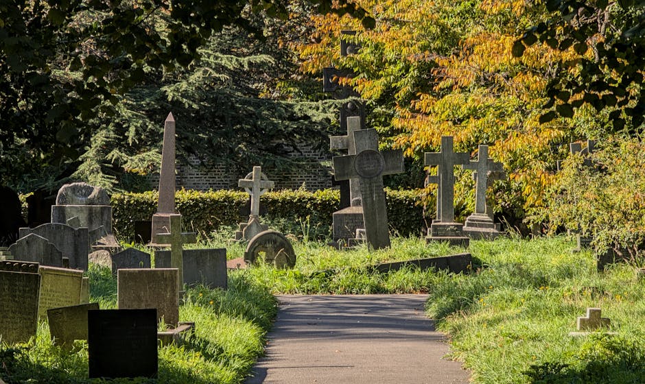 The image displays a section of Brompton Cemetery with several weathered gravestones and memorials set among dense greenery. Prominently in the foreground is an ornate, large Celtic-style cross made of light-colored stone with intricate carvings and floral motifs, standing on a pedestal base. To its left, there is a rectangular, upright headstone featuring a rounded top, also made of light stone, engraved with a dedication and names, showing signs of aging such as moss and slight discoloration. Behind these, other tombstones are visible, including a simple cross and more elaborate markers, all made of similar stone materials with varying textures, from smooth to rough. The scene is shaded by mature trees with dark green foliage, allowing soft, dappled sunlight to filter through, creating a tranquil, contemplative atmosphere typical of historic cemeteries. The setting appears peaceful and preserved, with minimal modern disturbance, and the arrangement of memorials suggests a quiet area for private remembrance, consistent with alternative methods of waste handling by Rubbish Clearance Brompton for cleaning and maintenance of such heritage sites.